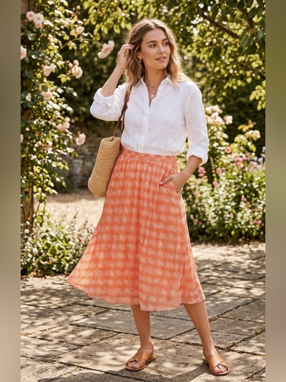 Liz Claiborne Womens Size 8 Orange Coral Geometric Print Casual A-Line Skirt